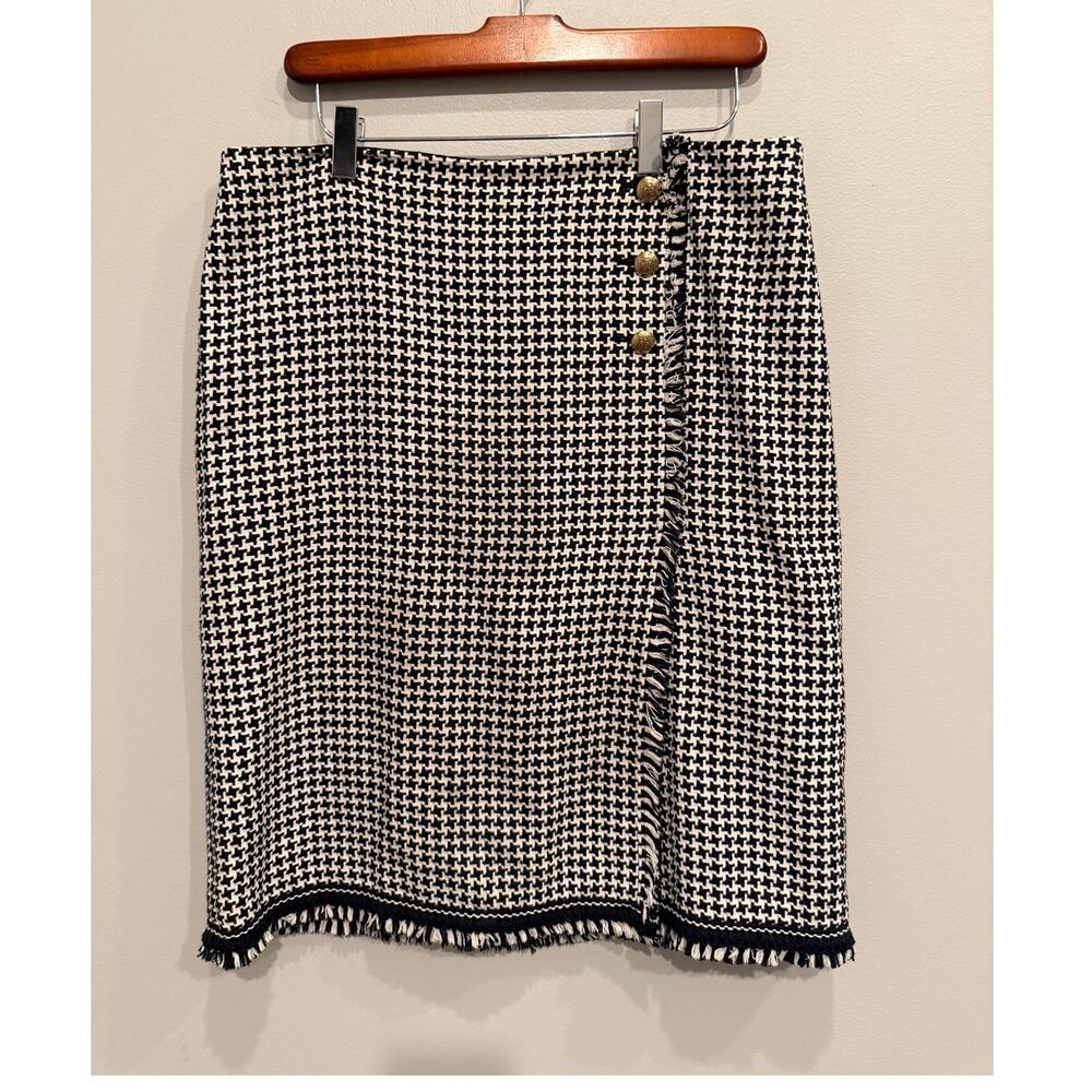 Talbots Black White Tweed Houndstooth Faux Wrap Pencil Skirt Sz 10
